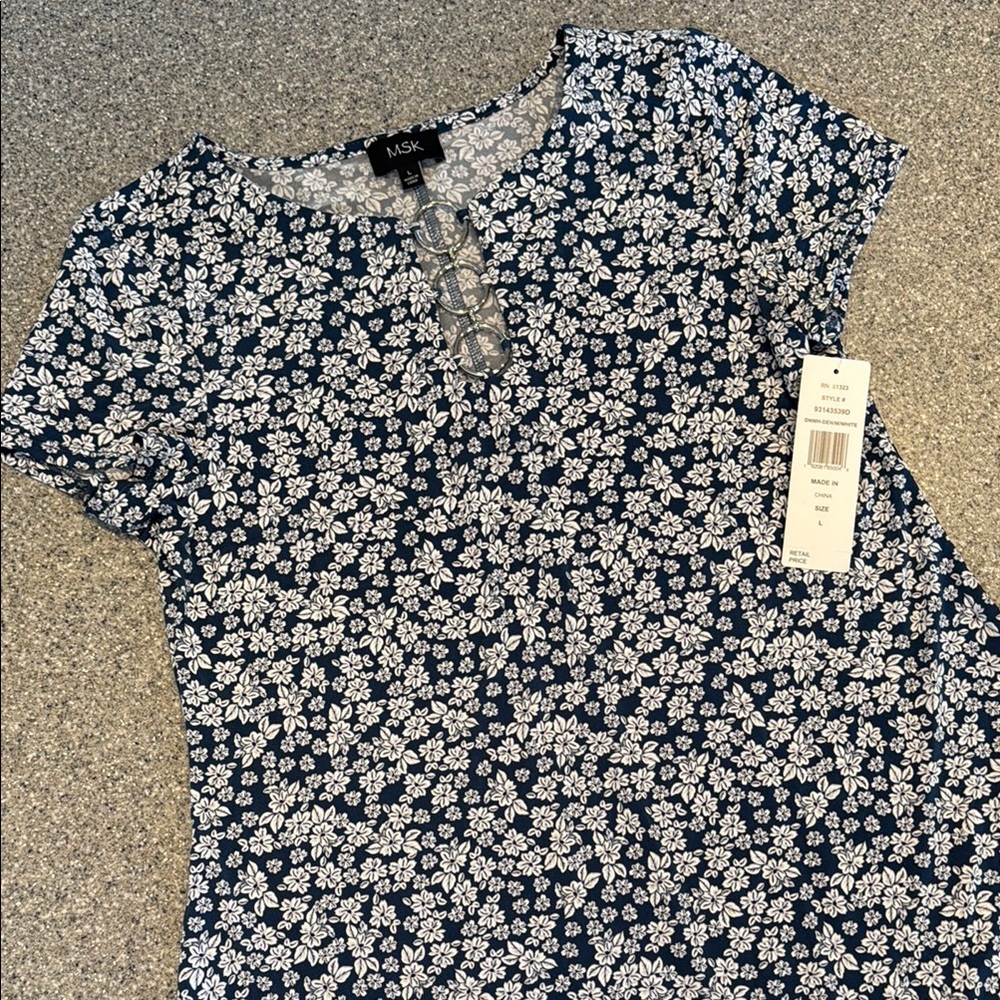 MSK Women's Floral Dress - Navy and White size L